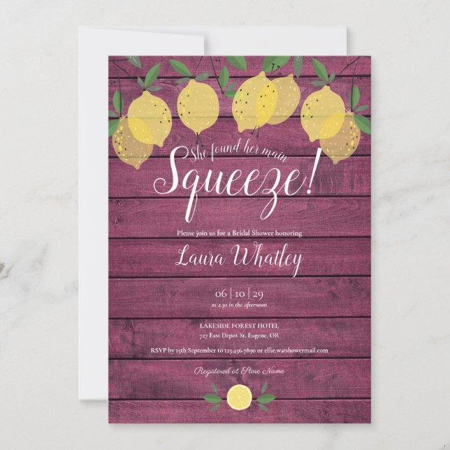 Burgundy Wood Main Squeeze Lemon Bridal Shower Invitation (Front)