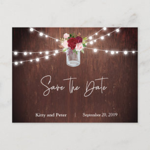 Burgundy Wood Mason jar Wedding Save The Date Announcement Postcard