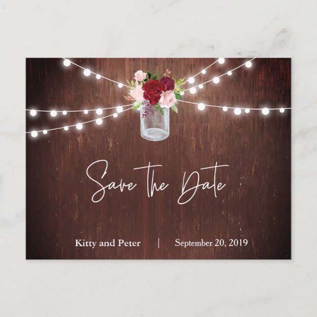 Burgundy Wood Mason jar Wedding Save The Date Announcement Postcard (Front)