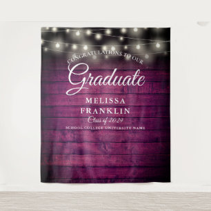 Burgundy Wood String Lights Graduation Backdrop Tapestry