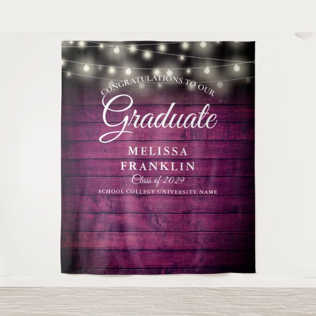 Burgundy Wood String Lights Graduation Backdrop Tapestry (Front)