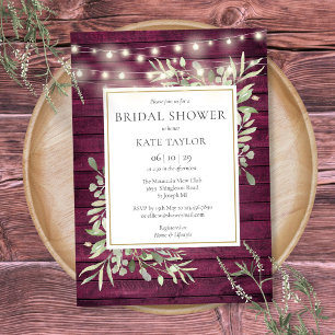 Burgundy Wood String Lights Greenery Bridal Shower Invitation