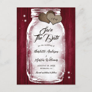 Burgundy Wood String Lights Mason Jar Wedding Announcement Postcard