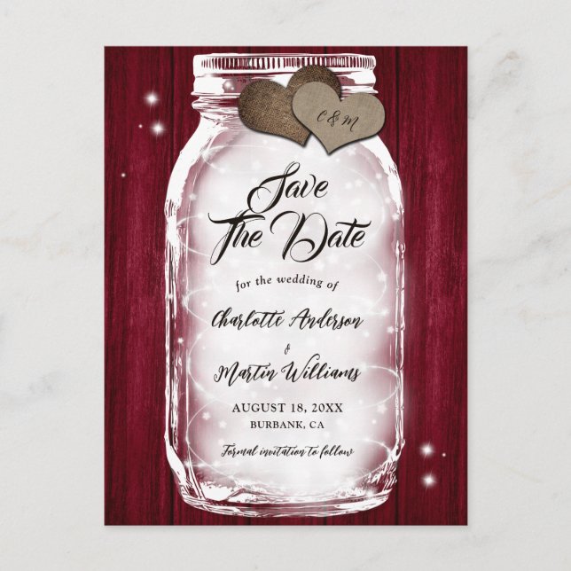 Burgundy Wood String Lights Mason Jar Wedding Announcement Postcard (Front)
