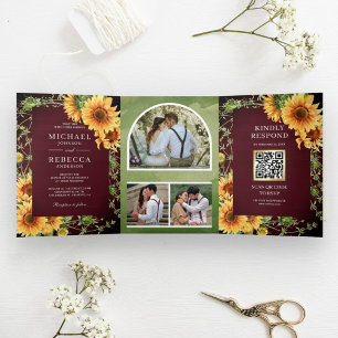 Burgundy Wood Sunflower Photo Arch QR Code Wedding Tri-Fold Invitation