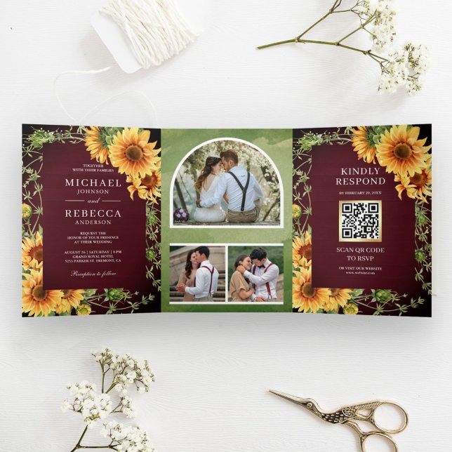 Burgundy Wood Sunflower Photo Arch QR Code Wedding Tri-Fold Invitation (Creator Uploaded)