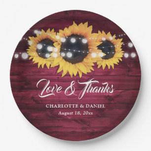Burgundy Wood Sunflower String Lights Wedding Paper Plate