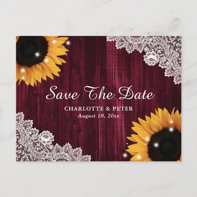 Burgundy Wood Sunflower Wedding Announcement Postcard (Front)