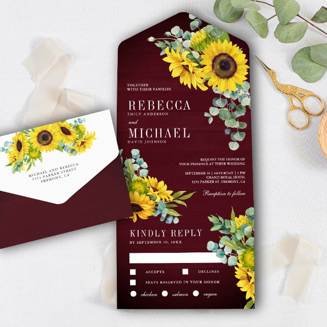 Burgundy Wood Sunflowers and Eucalyptus Wedding All In One Invitation (Creator Uploaded)