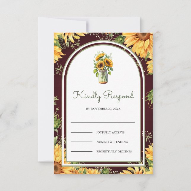 Burgundy Wood Sunflowers Mason Jar Arch Wedding RSVP Card (Front)