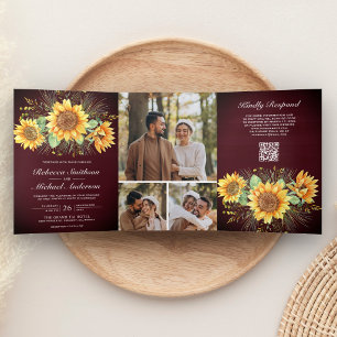 Burgundy Wood Sunflowers Photo QR Code Wedding Tri-Fold Invitation