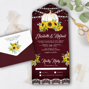 Burgundy Wood Sunflowers White Pumpkin Wedding All In One Invitation