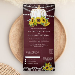 Burgundy Wood Sunflowers White Pumpkin Wedding Tri-Fold Invitation