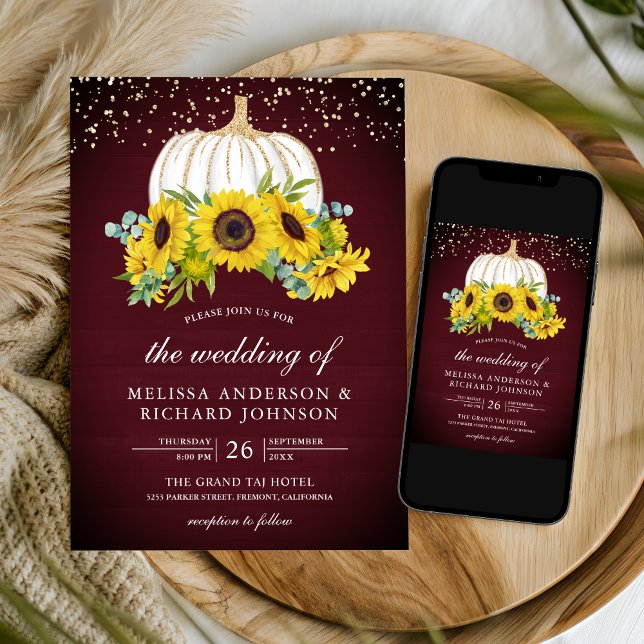 Burgundy Wood White Pumpkin Sunflowers Wedding Invitation (Creator Uploaded)