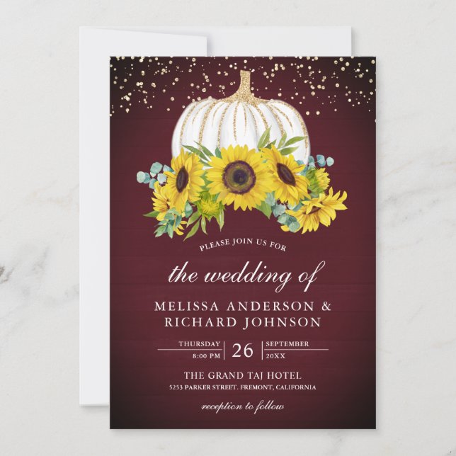 Burgundy Wood White Pumpkin Sunflowers Wedding Invitation (Front)