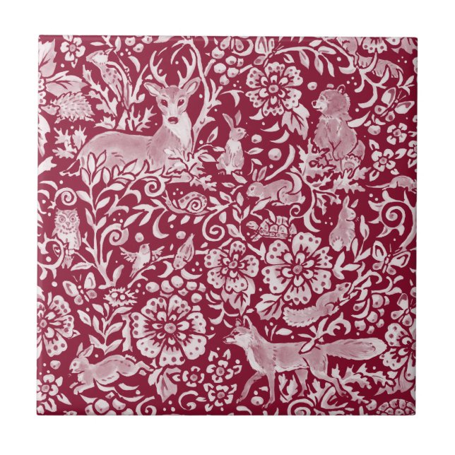 Burgundy Woodland Animal Forest Deer Rabbit Fox Tile (Front)