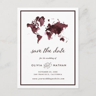 Burgundy World Map   Elegant Travel Save the Date Announcement Postcard