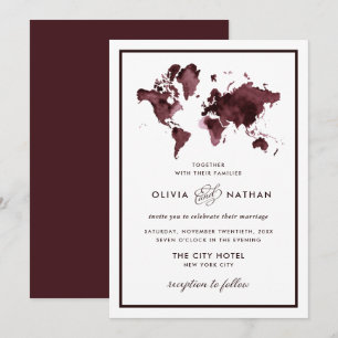 Burgundy World Map   Elegant Travel Theme Wedding Invitation