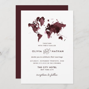 Burgundy World Map   Elegant Travel Theme Wedding Invitation