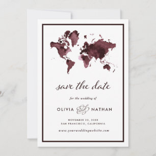 Burgundy World Map   Elegant Travel Theme Wedding Save The Date