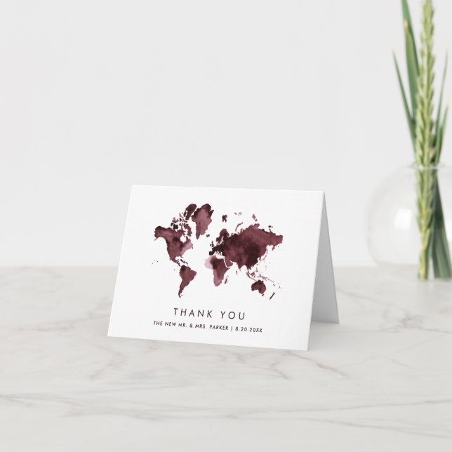 Burgundy World Map | Elegant Travel Theme Wedding Thank You Card (Front)