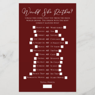 Burgundy Would She Rather Bridal Shower Game