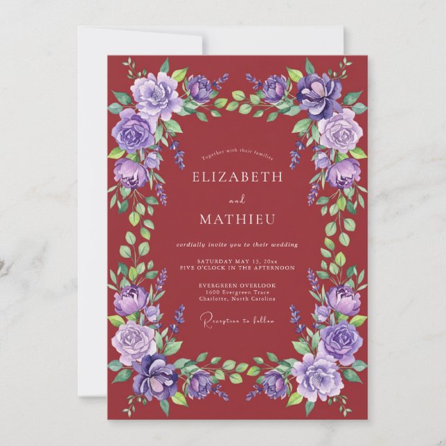 Burgundy Wreath Bloom Wedding Invitation (Front)