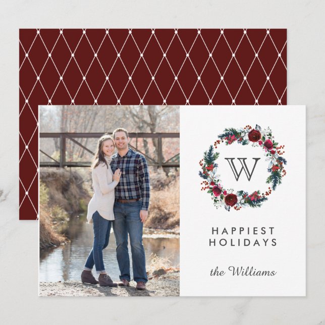 Burgundy Wreath Initial Christmas Photo Holidays Invitation (Front/Back)