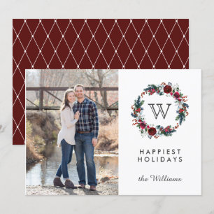 Burgundy Wreath Initial Christmas Photo Holidays Invitation