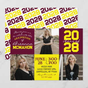 Burgundy & Yellow 3 Photo Graduation Invitation