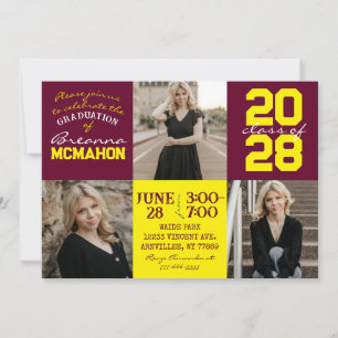 Burgundy & Yellow 3 Photo Graduation Invitation