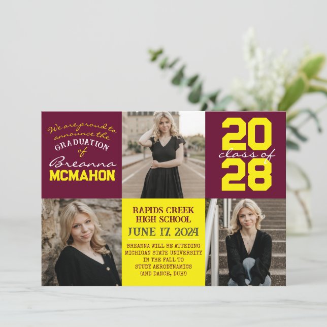 Burgundy & Yellow 4 Photo Graduation Announcement  (Standing Front)