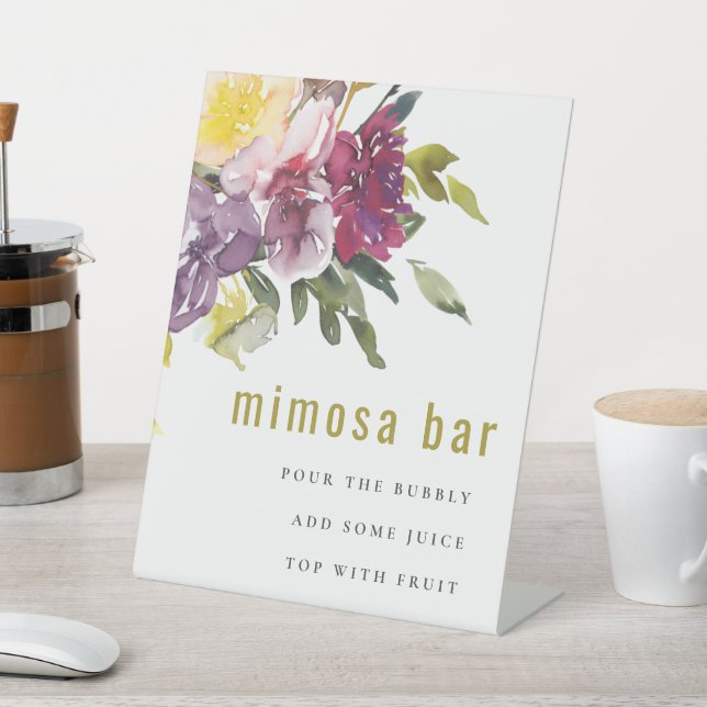 Burgundy Yellow Botanical Floral Mimosa Bar Pedestal Sign (In SItu)