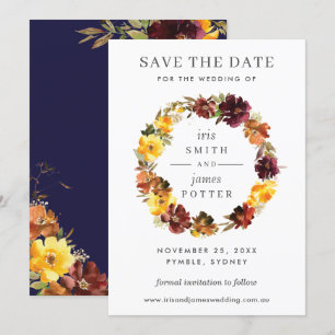 Burgundy Yellow Floral Wedding Save the Date Card