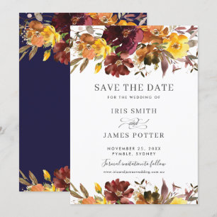 Burgundy Yellow Floral Wedding Save the Date Card
