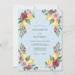 Burgundy Yellow Lemon Dusty Eucalyptus Wedding Invitation