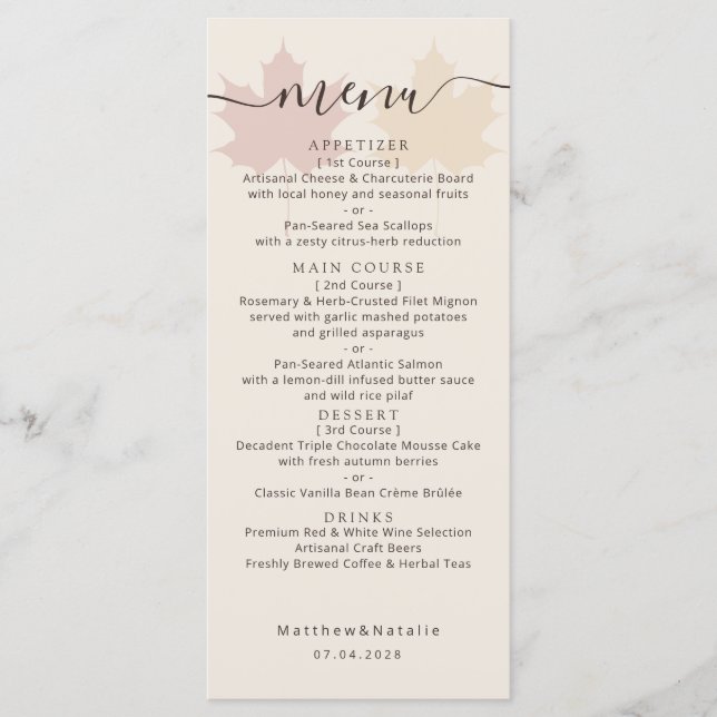 Burgundy Yellow Maple Leaf Wedding Boho Decor Menu (Front)