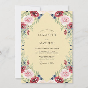 Burgundy Yellow Navy Greenery Wedding Invitation