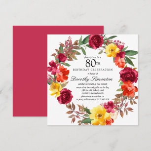 Burgundy Yellow Orange Floral 80th Birthday Invitation