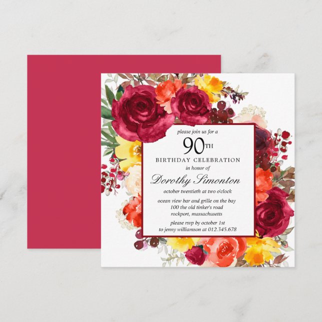 Burgundy Yellow Orange Floral 90th Birthday Invita Invitation (Front/Back)