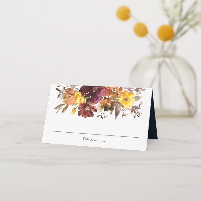 Burgundy Yellow Orange Floral Wedding Guest Name Place Card (Front)