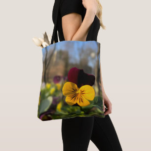 Burgundy yellow pansy tote bag