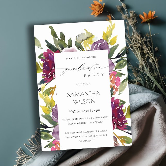Burgundy Yellow Pink Flora Photo Graduation Invite (Creator Uploaded)