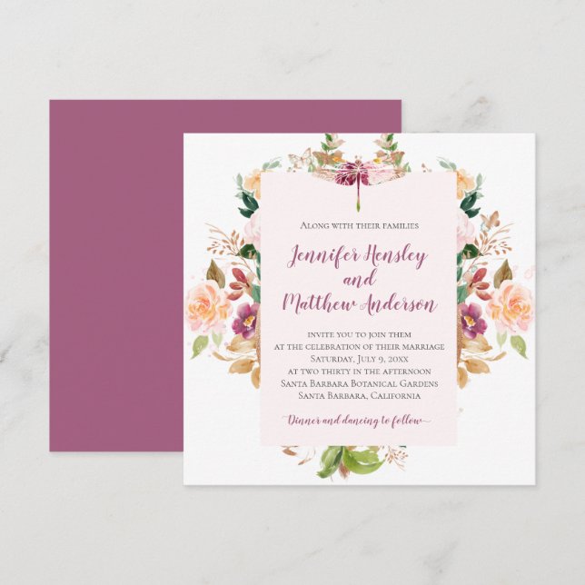 Burgundy Yellow Pink Mauve Watercolor Dragonfly Invitation (Front/Back)