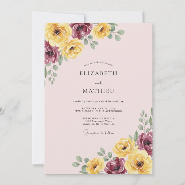 Burgundy Yellow Romantic Bloom Wedding Invitation (Front)