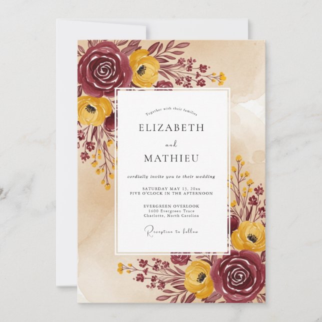 Burgundy Yellow Rustic Autumn Wedding Invitation (Front)