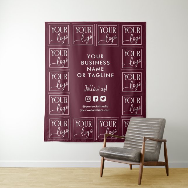 Burgundy Your Logo & Social Media Backdrop Tapestry (In Situ)