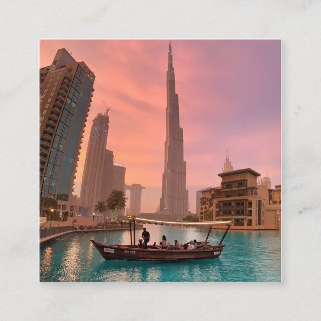 Burj Khalifa Boat Lake Cityscape        Square Business Card (Front)