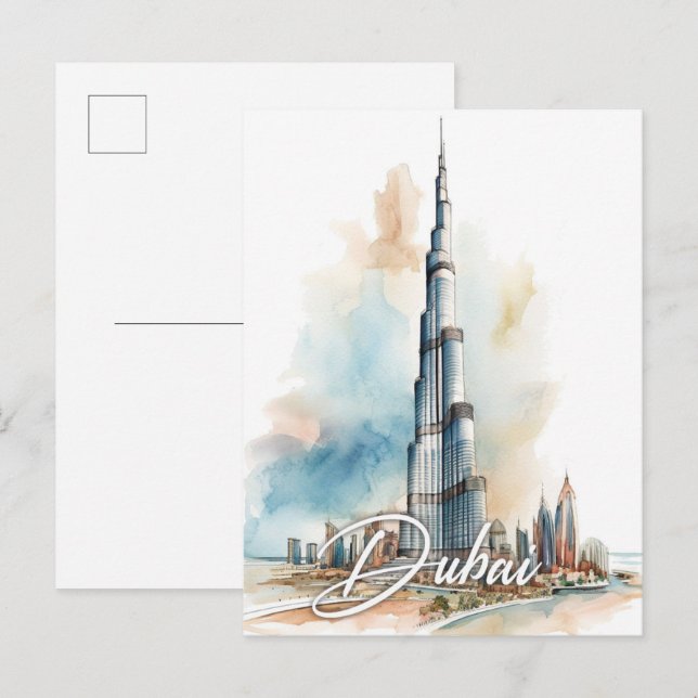 Burj Khalifa Dubai Watercolor Painting Travel Postcard (Front/Back)