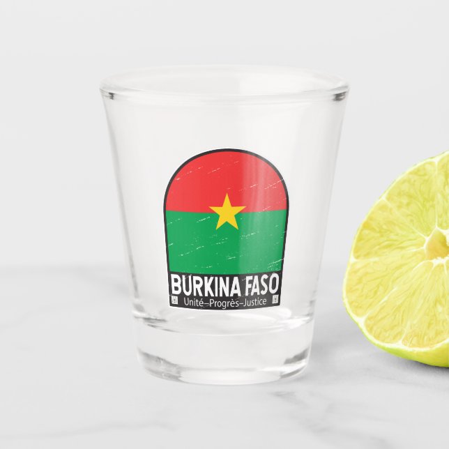 Burkina Faso Flag Emblem Distressed Vintage Shot Glass (Front)